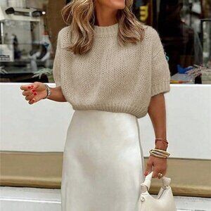 Apricot Casual Women's Short Sleeve Knitted Sweater With Round Neck